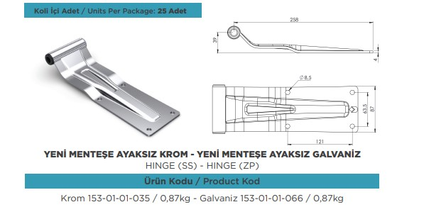 KAPALI KASA ARKA KAPAK YENI MENTESE AYAKSIZ KROM AYAKSIZ 8,5 MM DELIKLI